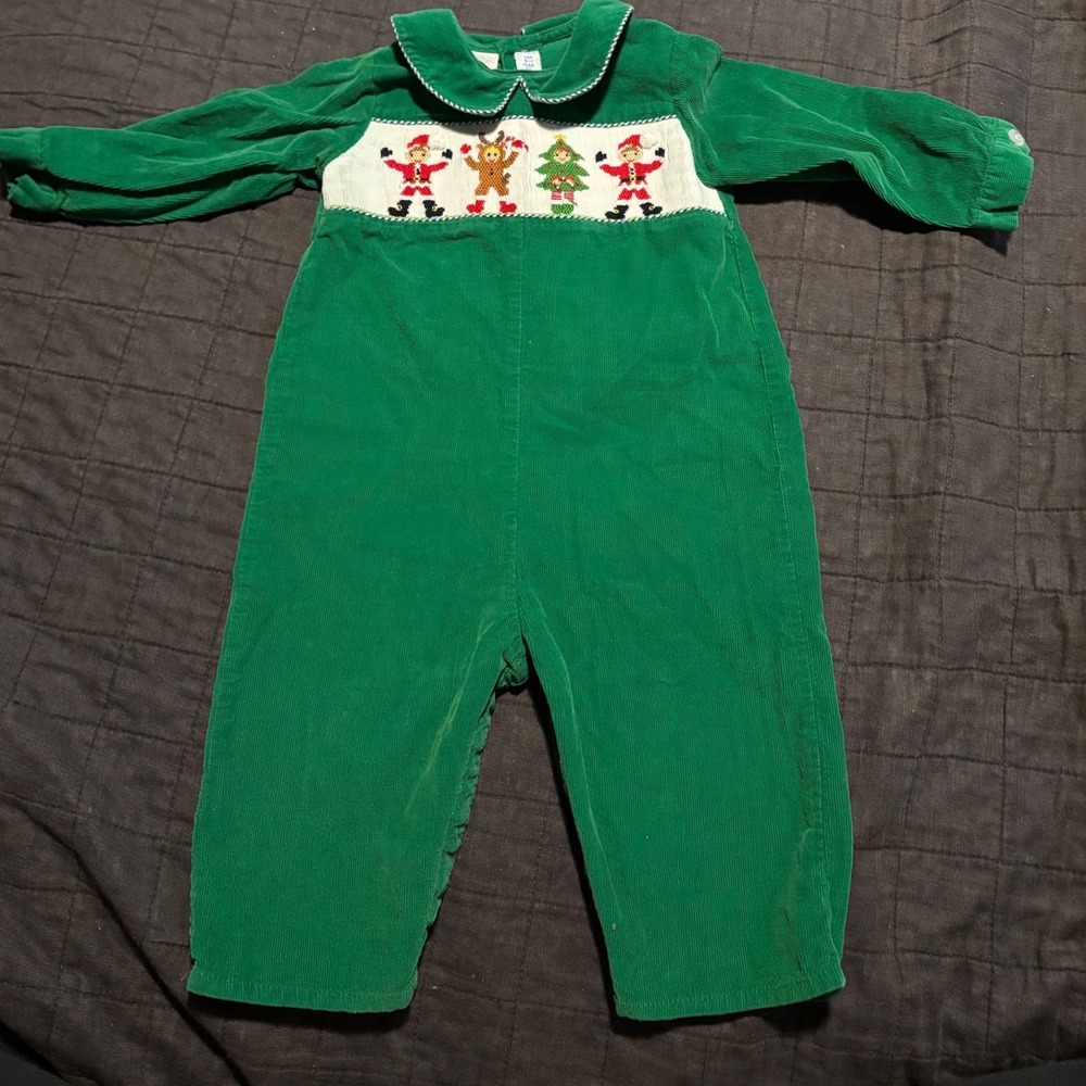 Vive La Fete‎ Green Corduroy Smocked Christmas Jumpsuit Romper 12M